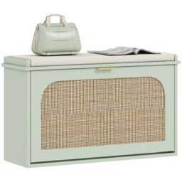 HOMCOM Boho Shoe Bench with Padded Seat and Flip-Drawer, Light Green Green Light Green