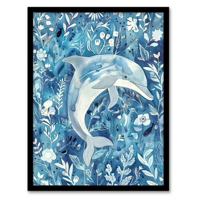 Dolphin in Blue Floral Pattern Watercolour Black Framed Wall Art Print A4