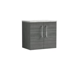 Balterley Level Wall Hung 2 Door Vanity Unit with Laminate Worktop for Contemporary Bathroom Storage Grey Anthracite Woodgrain