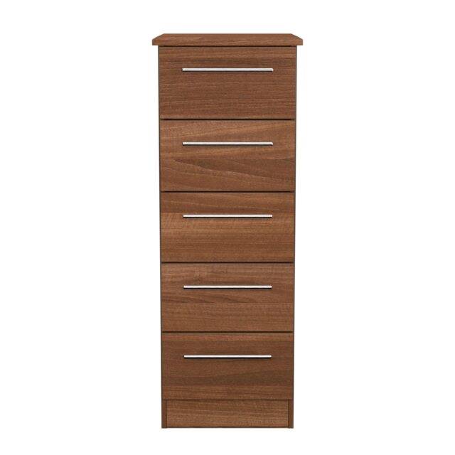 Carlton 5 Drawer Tall Bedside Cabinet in Noche Walnut (Ready Assembled) Brown Noche Walnut