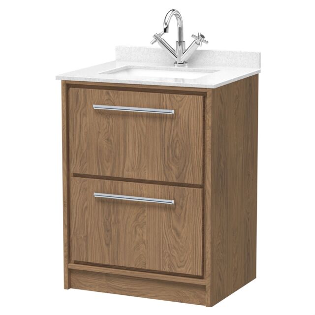 Balterley Longnor 2 Drawer Floor Standing Vanity Unit with Square Basin and Marble Worktop, Antique Oak, 600mm