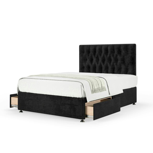 Majestic 1000 Pocket Sprung Black Naples Velvet 2 Drawer Divan Set And Lona Headboard Single