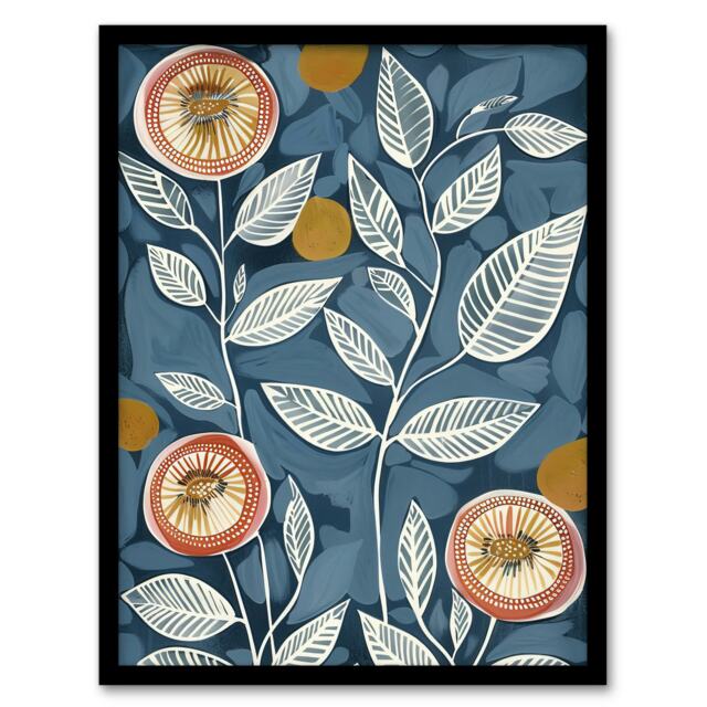 Folk Art Flower Line Patterns Pink Bedroom Black Framed Wall Art Print A4