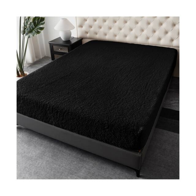 Groundlevel Winter Teddy Fleece Fabric Fitted Sheet Soft Warm Plush Bedding Black Black