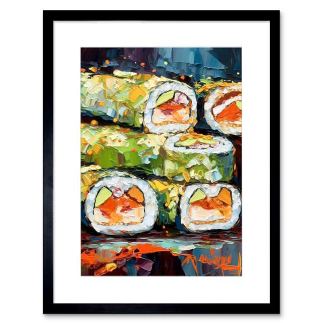 "Vibrant Japan Cuisine Sushi Roll Oil Painting 9x7"" Black Framed Wall Art Print"