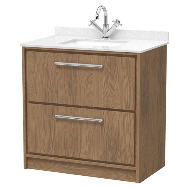 Balterley Longnor 2 Drawer Floor Standing Vanity Unit with Square Basin and Marble Worktop, Antique Oak, 800mm