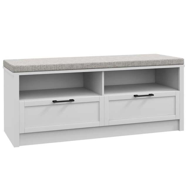 HOMCOM Shoe Bench with Removable Cushion, Shoe Storage Bench with Padded Seat, Open Compartments and Drawers for Entryway Hallway White White and grey
