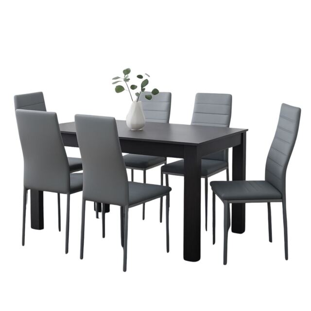 Modern Dining Table Set with 6 Grey Faux Leather Chairs Dining Room Furniture