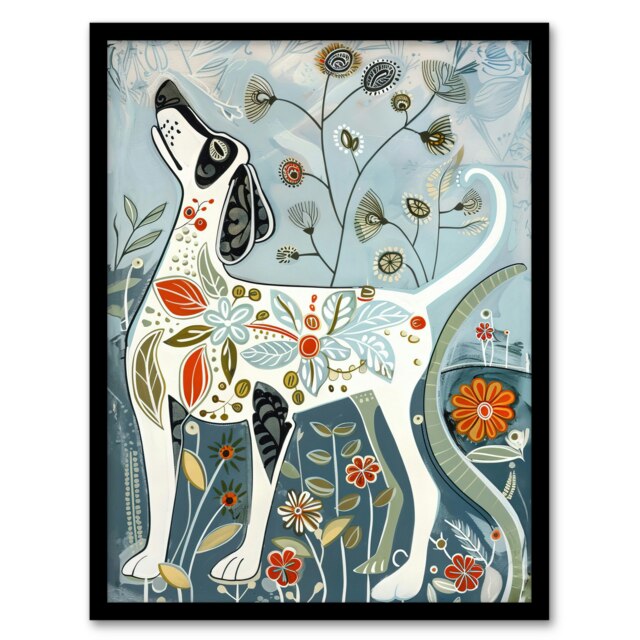 Spring Flower Garden Dog Lover Fun Folk Art Black Framed Wall Art Print A4