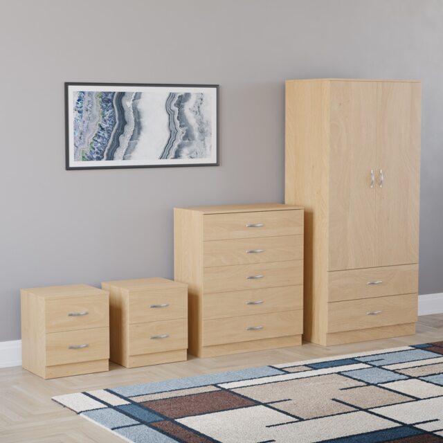 Vida Designs Riano 4 Piece Bedroom Set (2x 2 Drawer Bedside Chest, 5 Drawer Chest, 2 Door 2 Drawer Wardrobe) - Pine