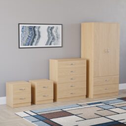 Vida Designs Riano 4 Piece Bedroom Set (2x 2 Drawer Bedside Chest, 5 Drawer Chest, 2 Door 2 Drawer Wardrobe) - Pine