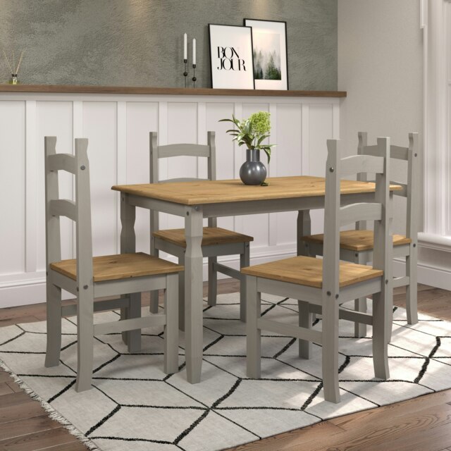 Premium Corona Rectangular Dining Set with Table and 4 Chairs in Grey or Brown Waxed Pine - Solid Wood Grey Grey 1
