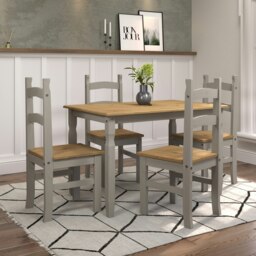 Premium Corona Rectangular Dining Set with Table and 4 Chairs in Grey or Brown Waxed Pine - Solid Wood Grey Grey 1