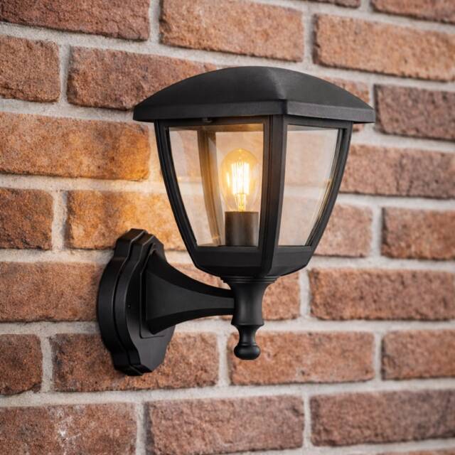 CGC NOVA Large Black Outdoor Wall Lantern Light, IP44 Polycarbonate, Clear Diffuser, E27 Socket