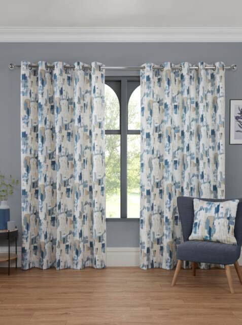 Bamford - Fully Lined Abstract Curtains - Eyelet - Polycotton (Cobalt, 66'' x 90'' - 168cm x 229cm (Pair)) Blue Cobalt (W) 168cm x (L) 228cm