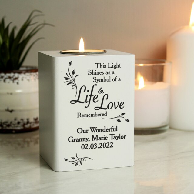 Personalised Life & Love White Wooden Tea Light Holder White