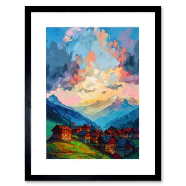 "Atmospheric Clouds at Dawn Over Small Village Houses Alps 9x7"" Black Framed Wall Art Print"