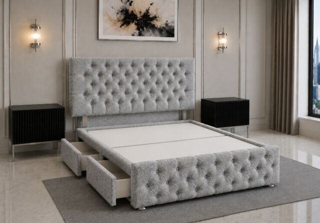 Brooklyn Divan Bed with Upholstered Headboard & Footboard Base - Double Silver Teddy No Storage