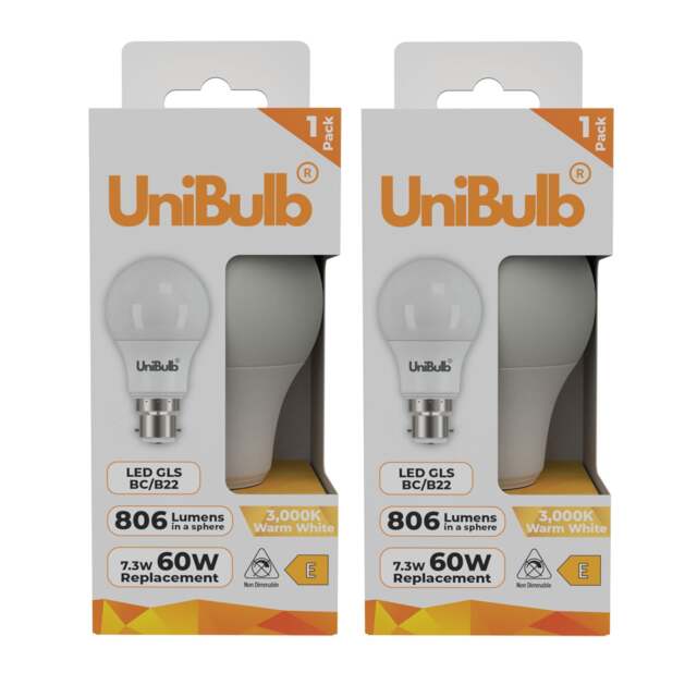 UniBulb LED GLS B22 Bayonet Cap (BC) 806lm 7.3W (Replaces 60W) 3000K (Warm White) Light Bulb - Pack of 2 Clear Warm White 2