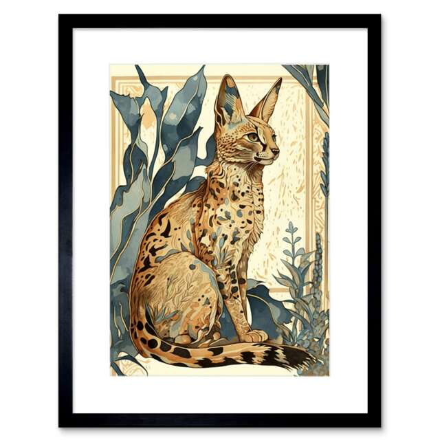 "Serval Cat Teal Plants Watercolour Portrait Modern 9x7"" Black Framed Wall Art Print"
