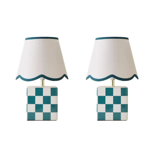ValueLights Evie Pair Ceramic Checker Table Lamp Trim Linen Scallop Shade Green