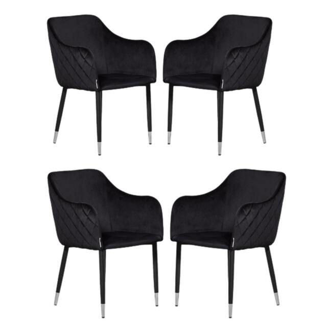 Set of 4 Verona Velvet Dining Chairs with Quilted Back & Black Legs - Modern Accent Chair with Silver Foot Tips Black