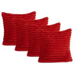 OHS 4 x Faux Fur Matte Velvet Fleece Thick Ribbed Cushion Covers, 45x45cm - Red