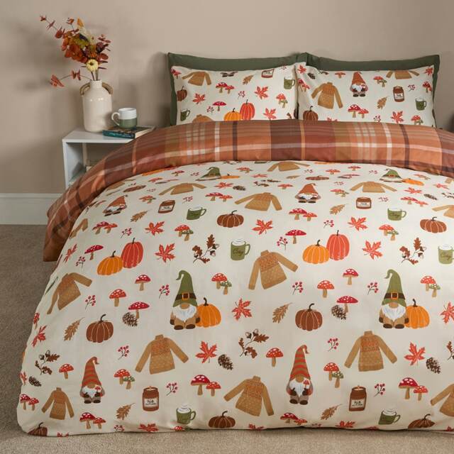 OHS Autumnal Novelty Pumpkin Gonk Reversible Check Duvet Cover and Pillowcase Bedding Set Multi Cream/Rust King