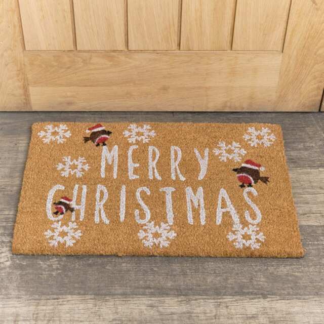 Merry Christmas Robin Detail PVC Backed Coir Doormat 60cm X 40cm