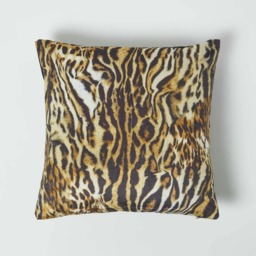 Homescapes Tiger Print Velvet Filled Cushion - 46 x 46 cm Yellow Gold, Black 1