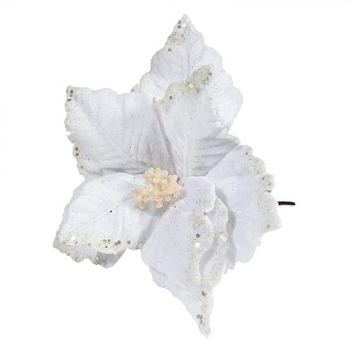 White Velvet Christmas Poinsettia with Glitter Detail Artificial Flower Decoration 32cm