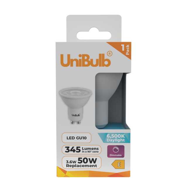 UniBulb LED GU10 345lm 3.6W (Replaces 50W) 6500K (Daylight) Spotlight Downlight Dimmable Light Bulb - Pack of 1 White Daylight 1
