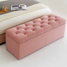 137cm Chesterfield Ottoman Storage Box, Pink Plush Velvet Upholstered Blanket Box, End of Bed Bench, Deep Storage Chest