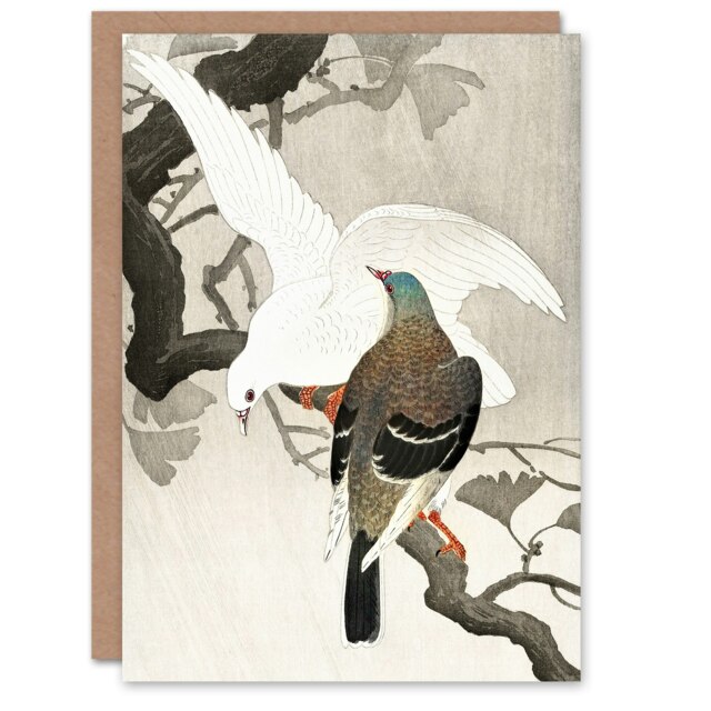 Ohara Koson Art Card Two Pigeons On A Ginkgo Tree Branch