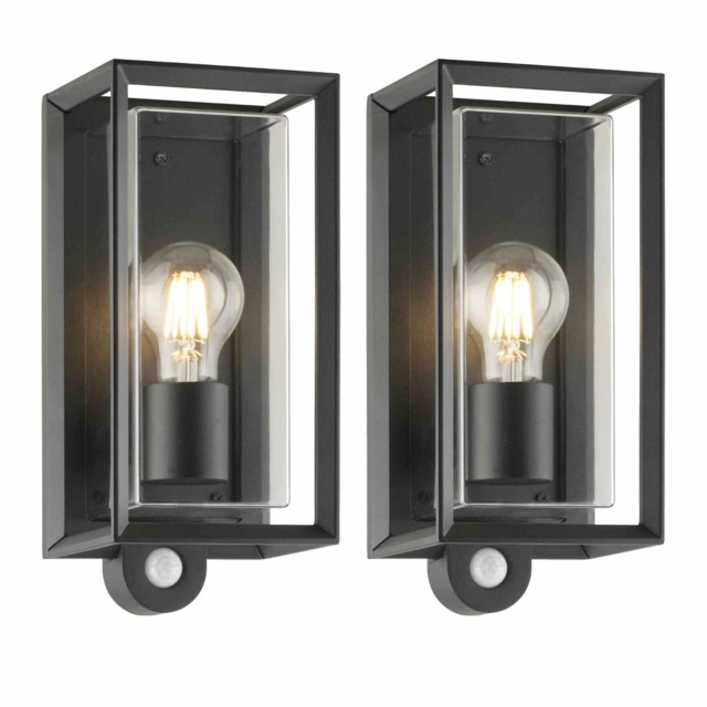 Set of 2 Brandon - Black Motion Sensor Outdoor Wall Lights Black Clear 2
