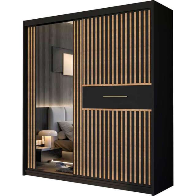 Sliding Door Wardrobe with Full-Length Mirror & Oak Strip Finish - 2 Doors, Adjustable Shelves & Rails - Black 150cm