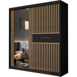 Sliding Door Wardrobe with Full-Length Mirror & Oak Strip Finish - 2 Doors, Adjustable Shelves & Rails - Black 150cm