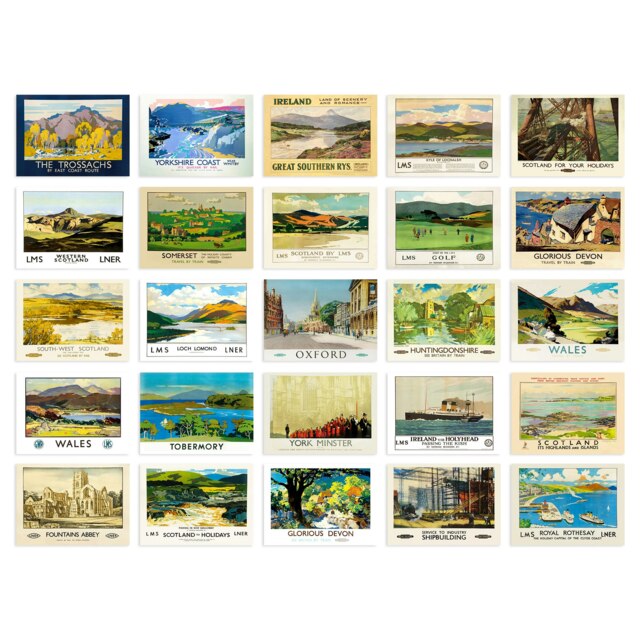 British Railway Train Sea Travel Aesthetic Wall Art Set of 50 Unframed A6 Prints Multi