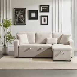 4-Seater L-Shaped Fabric Corner Sofa Bed with USB and Storage
