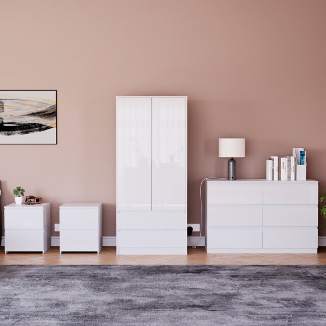 Vida Designs Glinton 4 Piece FSC Certified Bedroom Set (2 Drawer Bedside Chest x2, 6 Drawer Chest, 2 Door 2 Drawer Wardrobe), White White White L 4