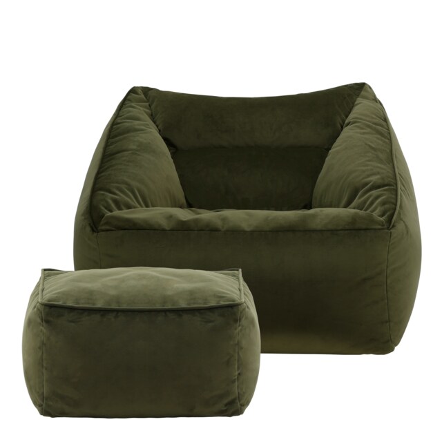 Natalia Velvet Adults Bean Bag Armchair and Pouffe, Ready Filled Large Beanbag and Footstool Olive Green Green Olive Green XL 2