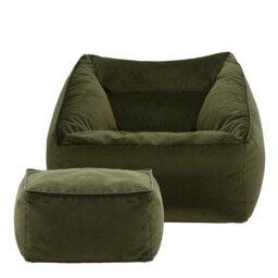 Natalia Velvet Adults Bean Bag Armchair and Pouffe, Ready Filled Large Beanbag and Footstool Olive Green Green Olive Green XL 2