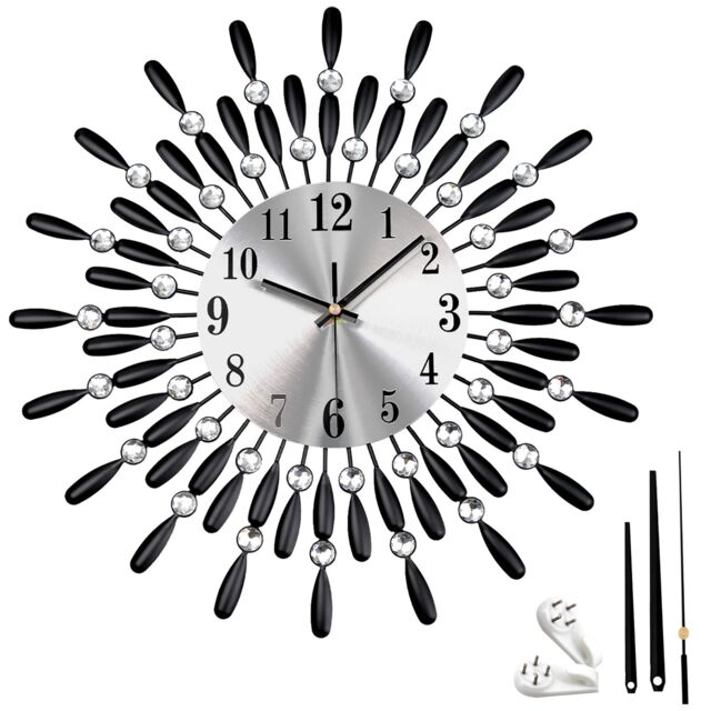 38cm Diamante Beaded Crystals Quartz Jeweled Wall Clock Home Decor Living Room, Black