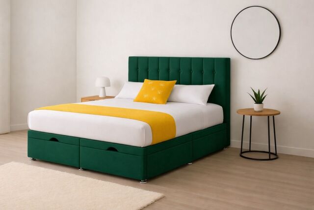Ottoman Green Plush 6ft Superking Bed With Headboard and Mattress Set