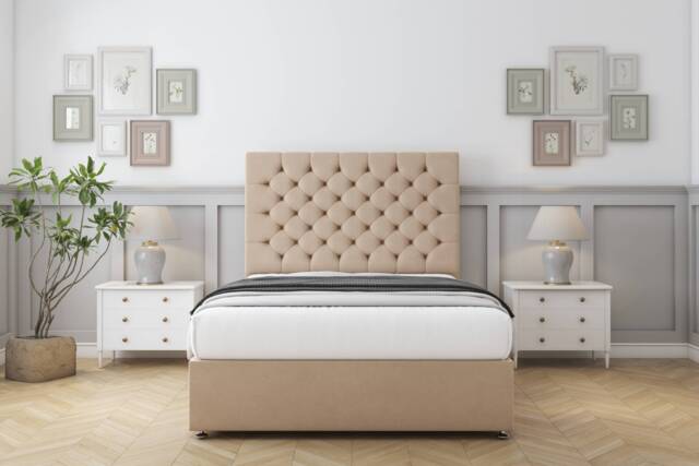 "Sloomy Mayfair Pebble Plush Divan Bed With Mattress 2 Drawers Same Side With 26"" Strutted Headboard 4' Small Double Brown Pebble Small Double 1"