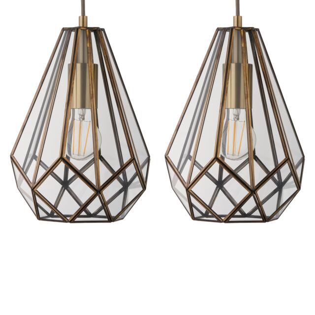 Set of 2 Polly - Antique Brass and Glass Pendant Ceiling Lights