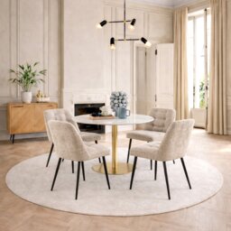 Corby Round Dining Table with White Polished Marble Top & Gold Base inc 4 Brooke Dining Chairs in Beige