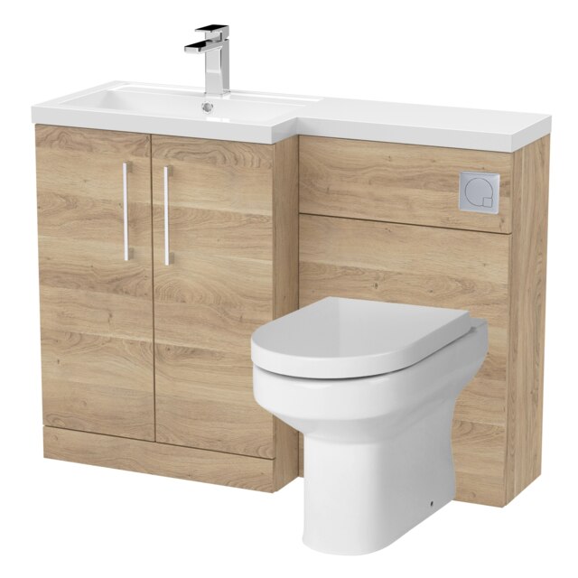 Level Bathroom Bundle Floor Standing Vanity Basin and WC Unit with Pan, Seat and Cistern - Left Hand - Bleached Oak - Balterley Brown