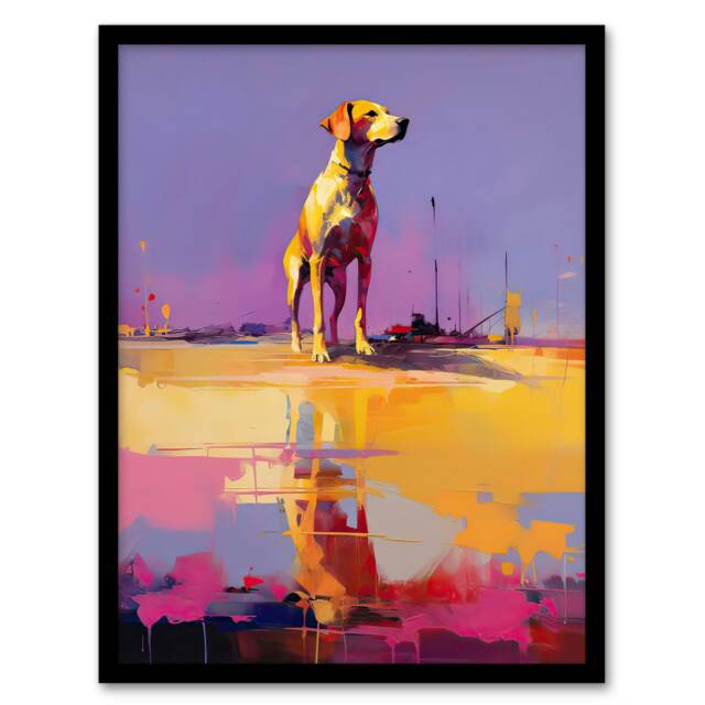 Beach Reflections Dog Portrait Purple Orange Black Framed Wall Art Print A4