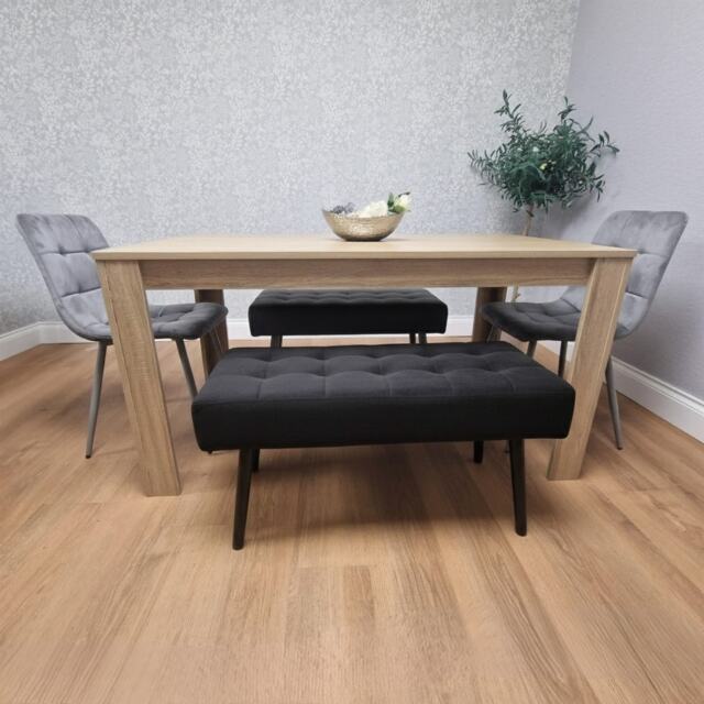 Oak Effect Dining Table Set With 2 Grey Velvet Chairs And 2 Black Benches Dining Room Furniture